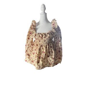 Hyacinth House Women's Cream & Red Floral Squareneck Smocked Blouse Size XS NWT